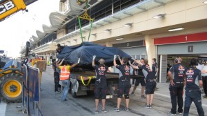A familiar sight this year so far - Red Bull's RB10 being transported back to the garage.