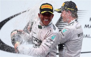 Lewis Hamilton and Nico Rosberg celebrate as Mercedes went 1-2 in Malaysia.
