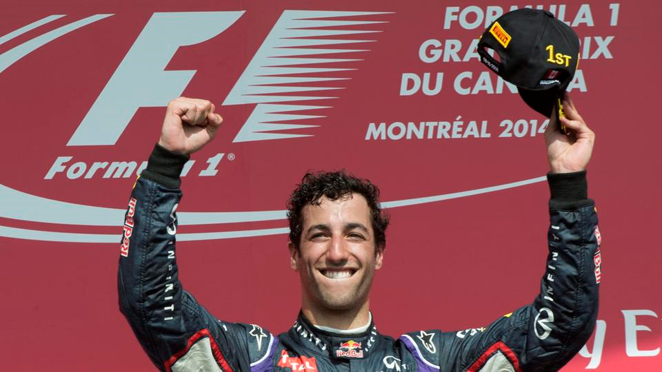 Aussie driver Daniel Ricciardo wins his first Formula One Grand Prix race at the 2014 Canadian Grand Prix.