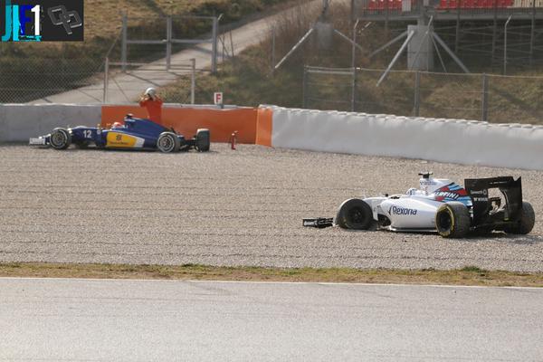 Nasr and Wolff aftermath on Turn Five gravel at Catalunya in Barcelona.
