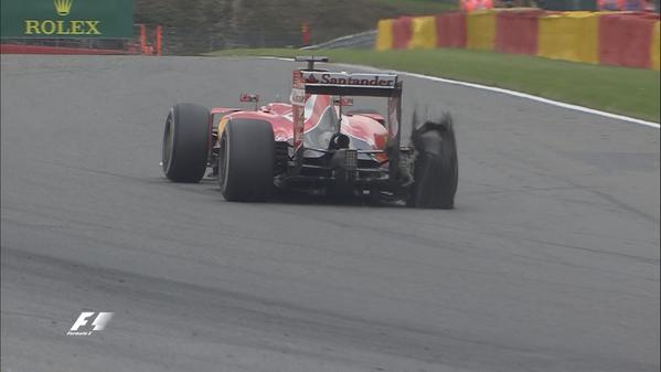 Vettel's tire shreds on Lap 42 at the 2015 Belgian Grand Prix.