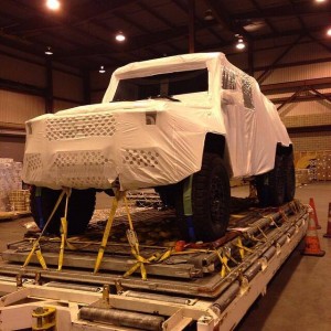 The Mercedes G63 6X6 being delivered to its Hawai'i warehouse in preparation for filming of "Jurassic World".