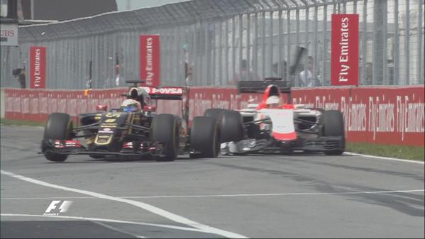 Lotus' Romain Grosjean does his best imitation of a California freeway driver by cutting off Will Stevens in the 2015 Marmot Grand Prix.