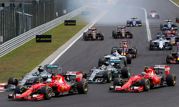 Sebastian Vettel jumping both Mercedes cars at the start of the 2015 Hungarian Grand Prix.