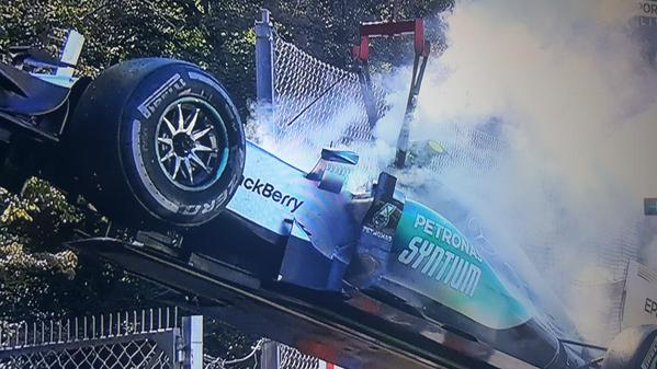 Nico Rosberg's Mercedes is lifted off the track at Monza in the 2015 Italian Grand Prix.