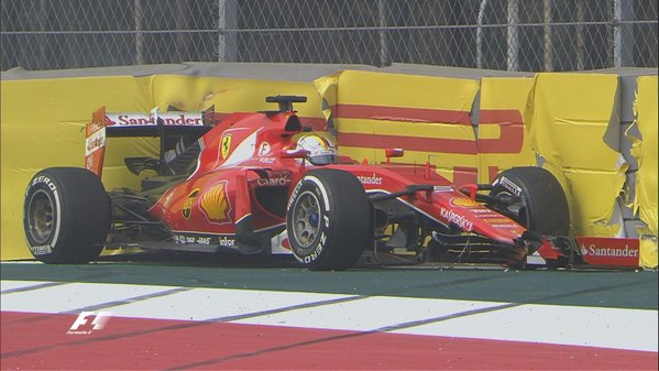 Ferrari's Sebastian Vettel crashes out in Lap 53 at the 2015 Mexican Grand Prix.