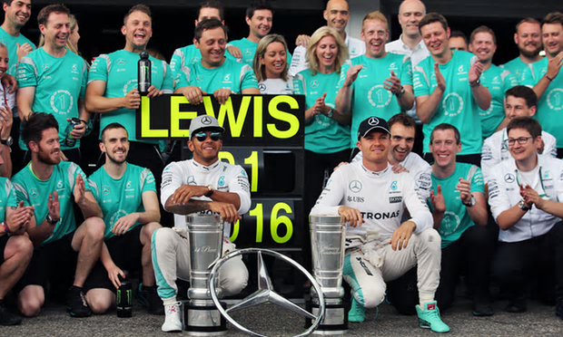 Best pals Lewis Hamilton and Nico Rosberg celebrate Rosberg's fourth place finish at Hockenheim.